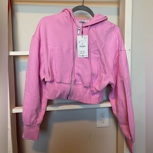 ZARA | Cropped Pink Zip-Up Hoodie